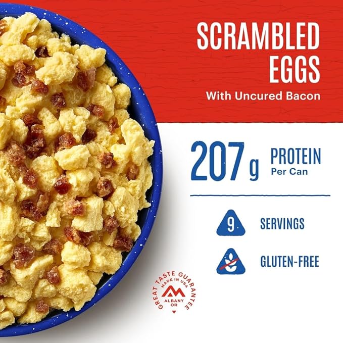Mountain House GlutenFree Scrambled Eggs with Uncured Bacon FreezeDried Food for Camping, 9 Servings, 30Year ShelfLife