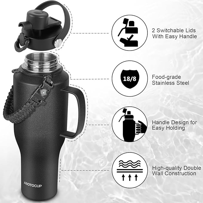Water Bottle 40oz, Insulated Water Bottle with Handle & Straw Lids, Stainless Steel Water Bottles Fits in Any Car Cup Holder, Travel Cup Double Wall BPA-Free Leak-proof to Keep Cold &Hot
