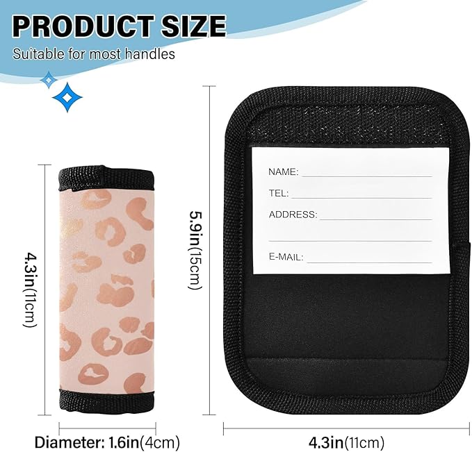 2 Pack Rose Gold Leopard Luggage Handle Wraps with Writable Luggage Tags, 5.9 x 4.3 Inches Durable Polyester Suitcase Handle Wraps