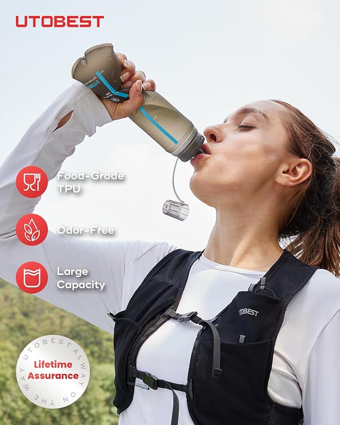 UTOBEST 500ml Soft Flask, 2 Pack Flexible TPU Hydration Water Bottle, Collapsible with 42mm Caliber for Running, Hiking, Cycling, Climbing, and Marathon Blue