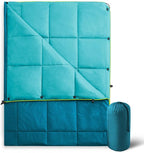 UNIKOME Outdoor Packable Camping Blanket, Lightweight Travel Blanket, Dual-Sides Waterproof Puffy Down Alternative Blanket with Snap Clasps, 75"×52", Lake Blue&Sky Blue