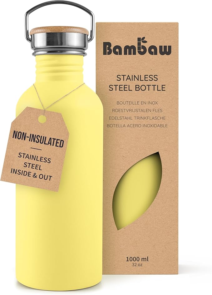 Bambaw Stainless Steel Water Bottle, Yellow Water Bottle, Reusable Non-Insulated Sports Bottle, 1 Litre Stainless Steel Bottle, 1 Litre Metal Bottle, 1 Litre – Imperial Yellow