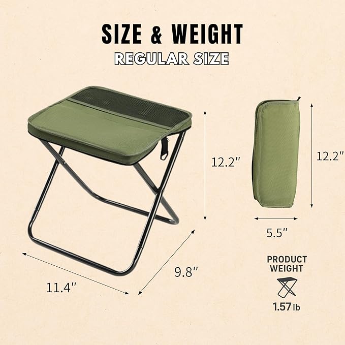 Folding Camp Stool, Lightweight Foldable Camping Stool, Compact Mini Chair for Outdoor Activities, Hiking, Fishing, and Travel, Portable and Durable, Holds Up to 265 lbs (Regular)