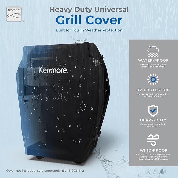 Kenmore 3-Burner Propane BBQ Grill, 30,000 BTUs Gas Grill with Cast Iron Cooking Grates, Folding Side Tables & Wheels, Outdoor Grill with Tool Hooks, Azure Blue