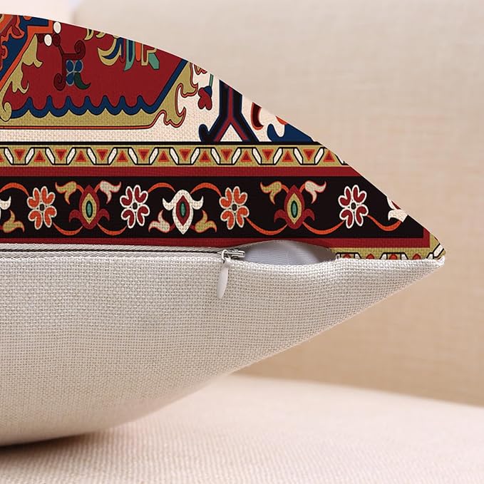 Outdoor Waterproof Pillow Covers 18x18 Inch Red Floral Bohemian Vintage Carpet Pattern Ethnic Design Decorative Farmhouse Cushion Cases for Sofa Couch Garden Balcony Set of 2