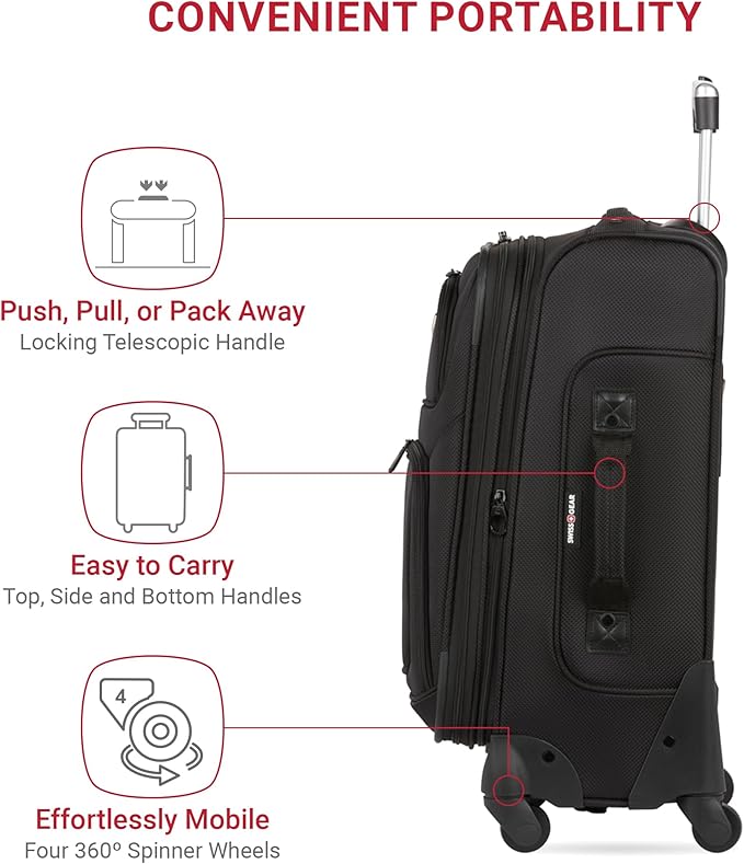SwissGear Sion Softside Expandable Luggage – Carry-On Suitcase with 360 Degree Wheels & Retractable Handle – 21 Inch, Perfect for 1-3 Night Trips – Black
