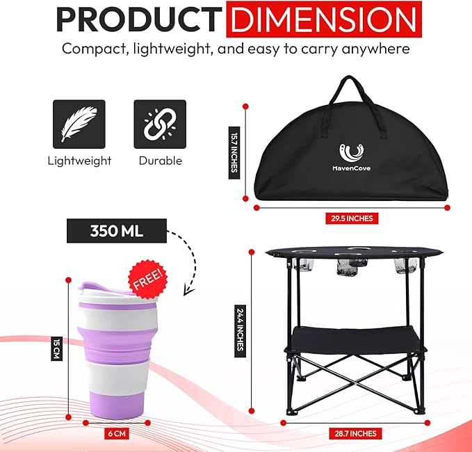Camping Table, 2-Tier Folding Portable Table with 4 Cup Holders, Camping Cip & Carry Bags for Camping, Collapsible Table Steel Frame, High-Grade 600D Canvas, for BBQ, Fishing, and Picnic