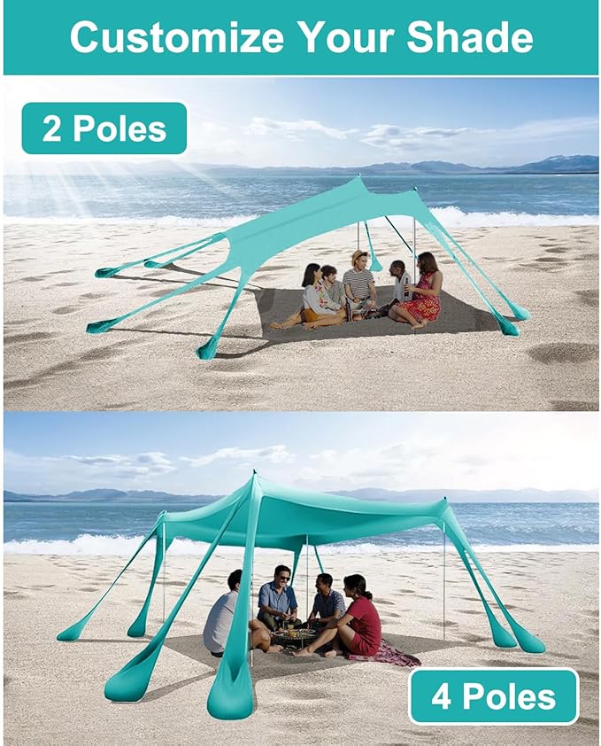 Beach Tent Sun Shelter with 8 Sandbags 10x10ft, Portable Beach Tent Upf50+ UV Protection, Shade Canopy with 4 Stability Poles