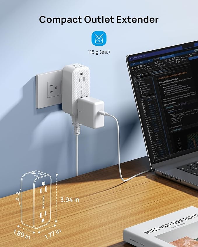 TROND 2 Pack 360 Rotating Outlet Extender, 4 AC Plug Adapter with 900 Joules Surge Protection, 3 Way Charging Station, Multi Plug Wall Outlet for Home Office Travel Dorm Essentials, White