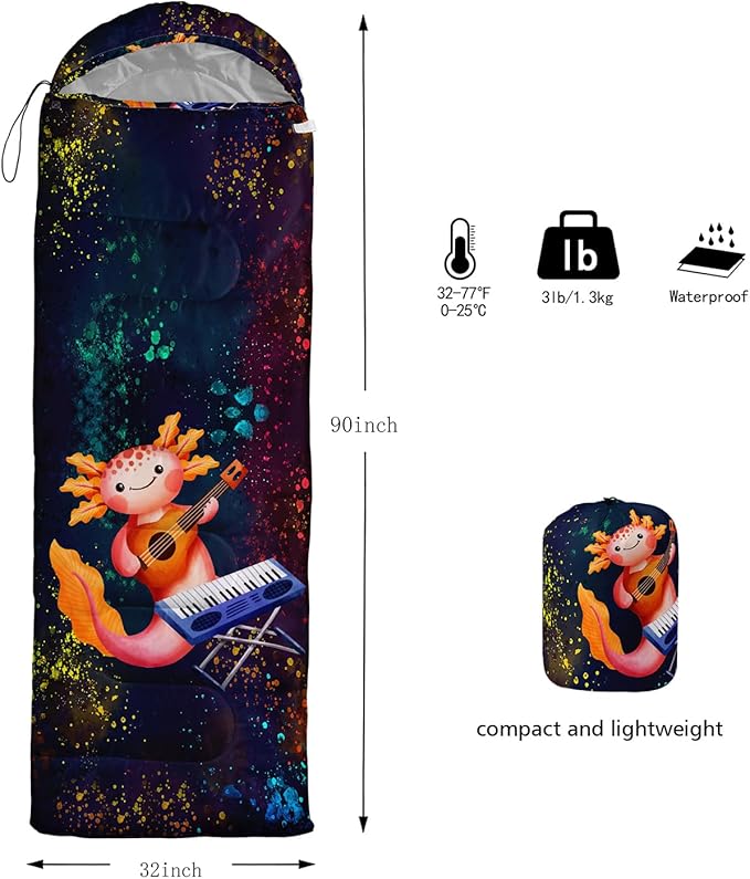 HOSIMA Cartoon Axolotl Sleeping Bags for Kids 10-12,Blue Cartoon Kids Sleeping Bags for Girls Boys,Compact Sleeping Bag for Camping Essentials and Hiking.