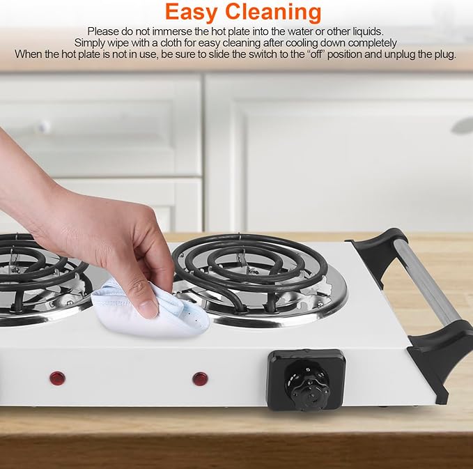 Hot Plate, 2000W Portable Electric Stove for Cooking with Stay Cool Handles & 5 Levels Adjustable Temperature, Countertop Double Coil Burner for Home RV Camp Compatible for All Cookwares,White