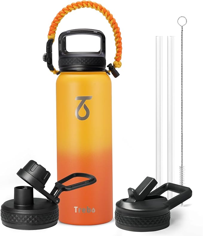 Trebo 40oz Water Bottle with 3 Lid and handle, Vacuum Insulated Stainless Steel Metal Outdoor Leakproof BPA-Free Flask, Keep Cold 48 Hours Water Jug, Best Gift for Men Women Holiday, Orange