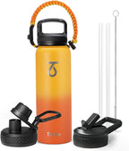 Trebo 40oz Water Bottle with 3 Lid and handle, Vacuum Insulated Stainless Steel Metal Outdoor Leakproof BPA-Free Flask, Keep Cold 48 Hours Water Jug, Best Gift for Men Women Holiday, Orange