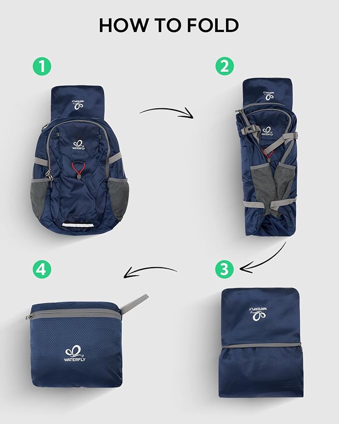 WATERFLY Lightweight Packable Hiking Backpack: 30L Foldable Travel Daypack Ultralight Camping Day Pack for Woman Man Dark Blue