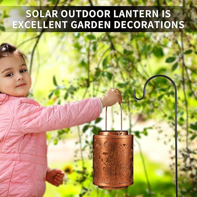 Solar Lanterns Garden Decor Birthday Gifts for Women Mon Grandma Metal Hanging Solar Lights Waterproof Outdoor Decoration for Outside LED Lanterns for Yard Patio Lawn (Cow)