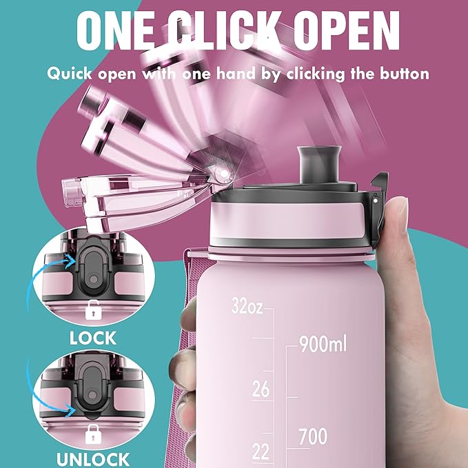 OLDLEY Water Bottle, 32oz Motivational Sports Water Bottle with Time Marker - Times to Drink - Tritan, BPA Free, Wide Mouth Leakproof, Peach (1 Bottle)