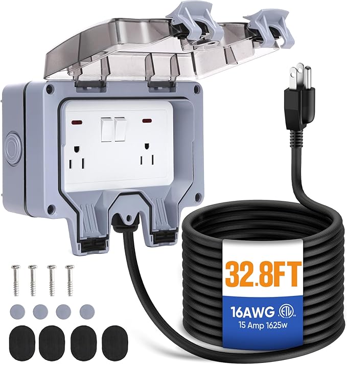 Outdoor Power Outlet,Outdoor Extension Cord Waterproof Double Wall Outlet Extender with On-Off Switch and Indicator Light，Exterior Electric External Power Outlet,Outside Outlet (32.8FT)