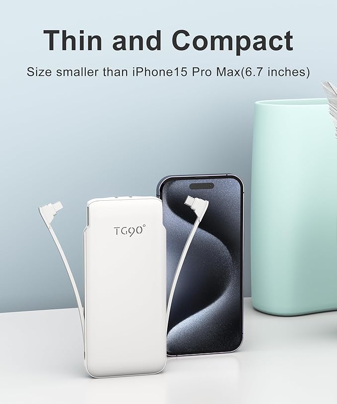 Portable Charger Power Bank with Built-in Cable & AC Plug, 10000mAh Fast USB-C Charger, Slim Mini Battery for iPhone 16/15/14/13/Pro/Max & All USB-C Devices