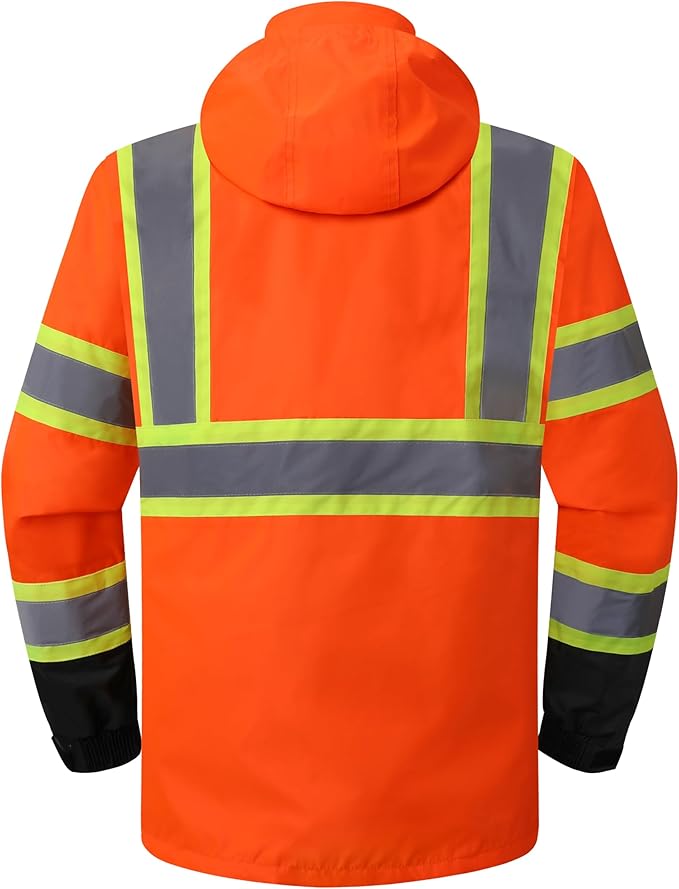 JKSafety Hi-Vis Reflective Safety Rain Jacket and Pants for Men Women Waterproof Rain Gears for Farming Fishing Work HV Rain Suit with Inner Mesh Lining and Pockets (117-Orange M)