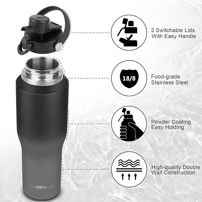 32oz Water Bottle Insulated with Powder Coated, Fit in Any Car Cup Holder, Water Bottles with Straw and Spout Lids, Stainless Steel Insulated Double Wall Leak-proof BPA Free to Keep Cold&Hot