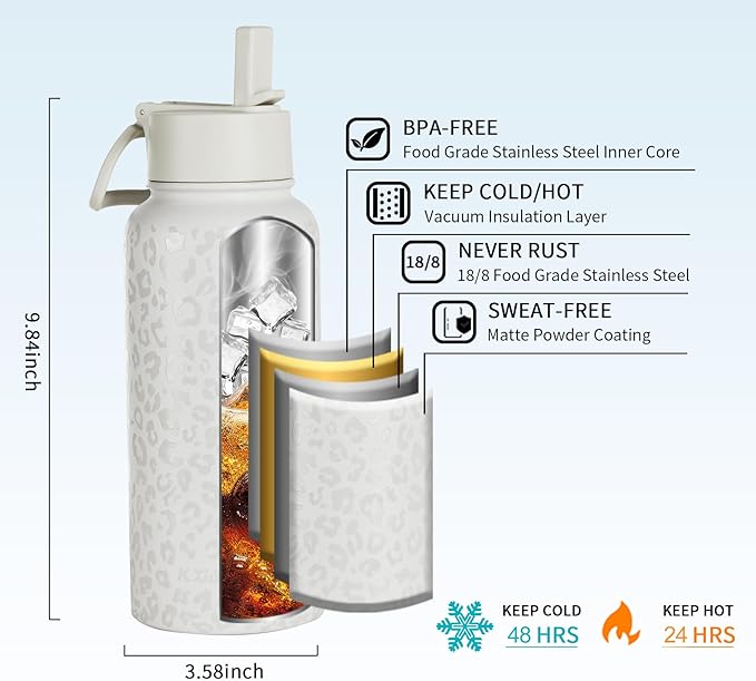KXIAOCHEN Insulated Water Bottle, Stainless Steel Water Bottle, 2 Lids (Straw and Handle Lid),Wide Mouth Metal Water Bottles Keep Hot and Cold, Double Walled, Thermo Mug, Metal Canteen