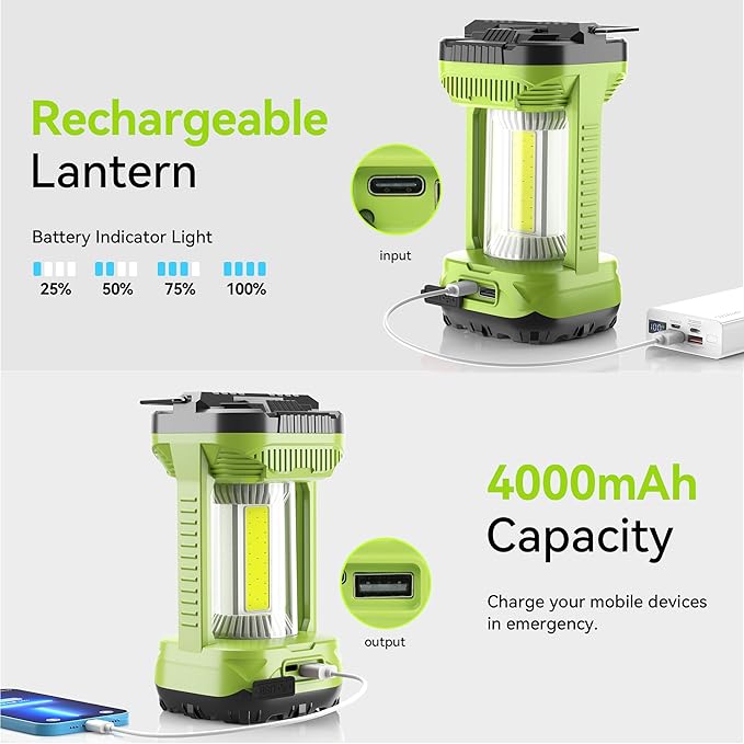 AlpsWolf Camping Lantern Rechargeable, 1000LM 4 Light Modes Camping Light 4000mAh Rechargeable Lantern for Power Outages Portable Camping Lamp Camping Essentials for Emergency, Green, 2 Packs