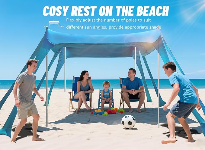 Beach Tent Sun Shelter & Portable Beach Canopy UPF50+ Uv Protection, Beach Shade Canopy/Cabana with 8 Sandbags, 4 Stability Poles, Sand Shovel Ground Pegs for Outdoor Camping