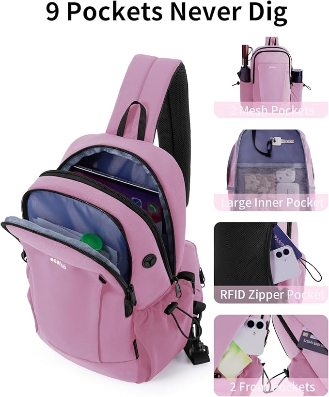 ECOHUB Crossbody Bags for Women Men, Anti-Theft RFID Blocking Roomy Sling Backpack with Sturdy SBS Zippers Water Resistant Chest Shoulder Bag Daypack with 9 Pockets Casual Outdoor Hiking, Pink