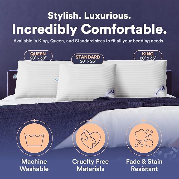 Continental Bedding | Serenity Goose Down Pillow | 700 Fill Power Hungarian White Down | 400TC Cotton Damask Shell | Made in USA | Standard, Medium with Protector