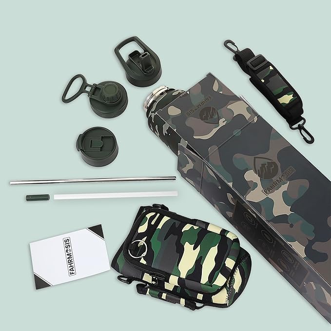 32 Oz Insulated Water Bottle with Strap Stainless Steel Sports Water Bottle with 3 Lids (Straw, Chug & Flip Lid) 1 Liter Leak Proof Insulated Metal Jug for Men & Women - Camo