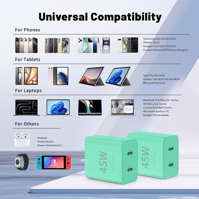 QZIIW iPhone 16 15 Pro Max Charger Fast Charging,45W Dual Port USB C Fast Charger Block [2-Pack] & Extra Long 60W 3/6/10/10FT USB C Cable - PD Quick Adapter 3.0 for iPhone 16 15/16 15Pro/16 15 Plus.