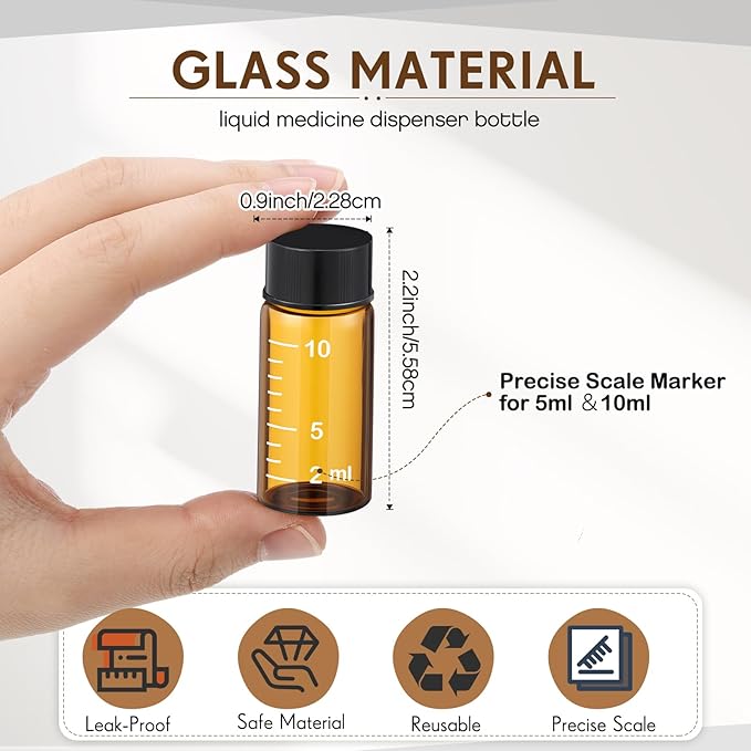 Baderke 4 Pcs Liquid Medicine Travel Container Scale Glass Liquid Containers Small Single Dose Medicine Bottles Dispenser and Leak-proof Plug Travel Essentials Accessories(Brown,10ml)