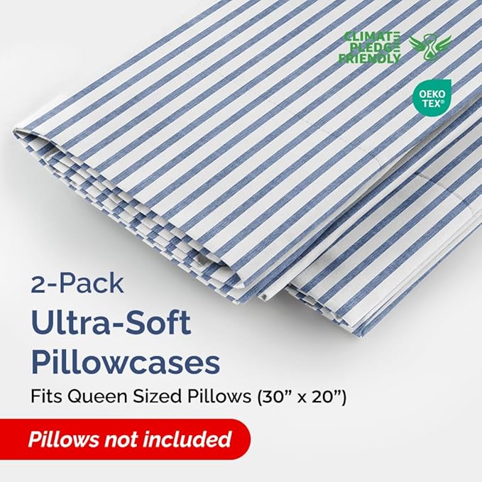 Queen Pillow Cases Set of 2 - Ultra Soft Hotel Quality Pillowcase Covers - Comfy Cozy Bedding for Women, Men, Kids & Teens - Machine Washable Pillow Protectors - 2 Pieces Set - Queen Size Blue Stripes