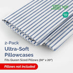 Queen Pillow Cases Set of 2 - Ultra Soft Hotel Quality Pillowcase Covers - Comfy Cozy Bedding for Women, Men, Kids & Teens - Machine Washable Pillow Protectors - 2 Pieces Set - Queen Size Blue Stripes