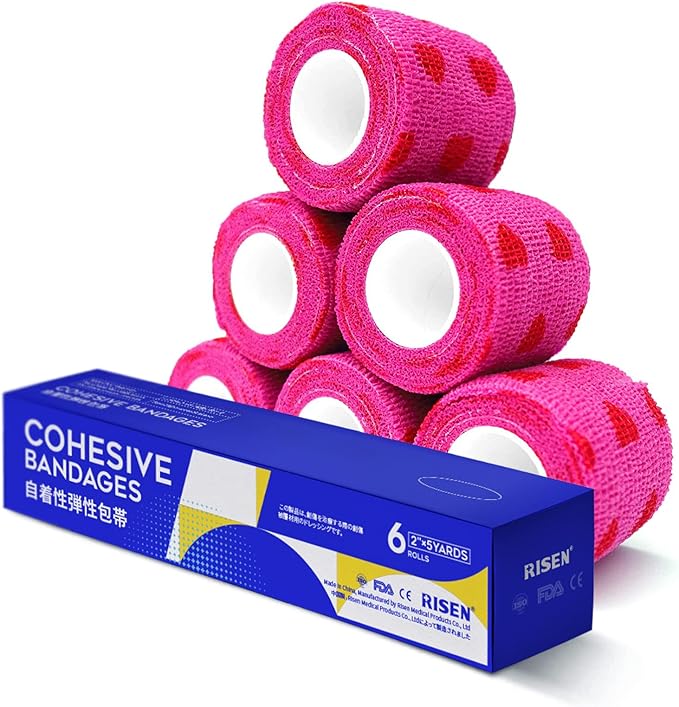RISEN Cohesive Bandage 2” x 5 Yards, 6 Rolls, Self Adherent Wrap Medical Tape, Adhesive Flexible Breathable First Aid Gauze Ideal for Stretch Athletic