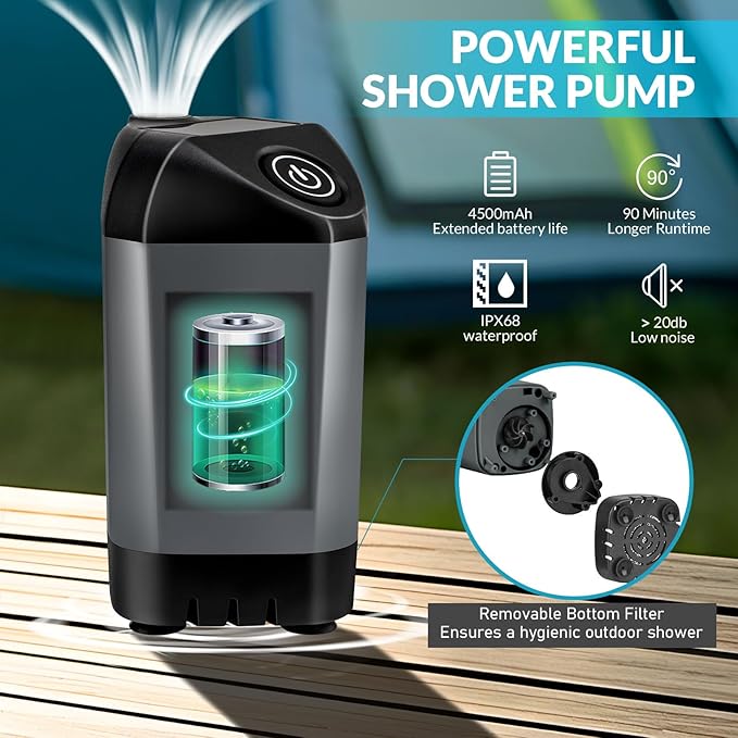 Portable Camping Shower, Pop Up Shower Privacy Tent Kit with LED Lights, 4500mAh Rechargeable Shower Pump, Filtered Shower Head & 7.4 Gallons Foldable Bucket, Outdoor Shower for Hiking Beach, Travel