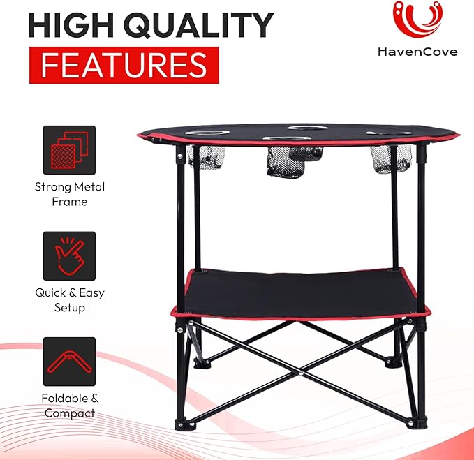 Folding Camping Table, 2-Tier Portable Table with Cup Holders, Carry Bag and Folding Cup, Small Camp Table for Tailgate, Picnic, BBQ, Beach, Fishing & Outdoor Use