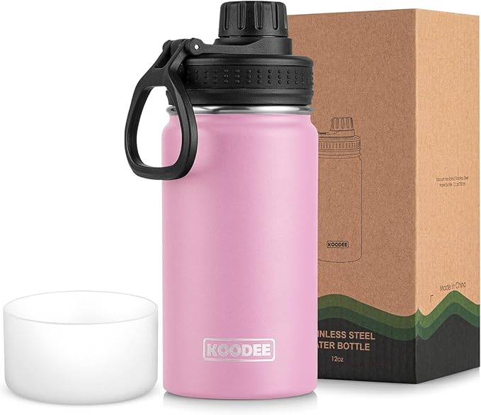 koodee Water Bottle for School-12 oz Stainless Steel Vacuum Insulated Wide Mouth Flask with Leakproof Spout Lid (Pink)