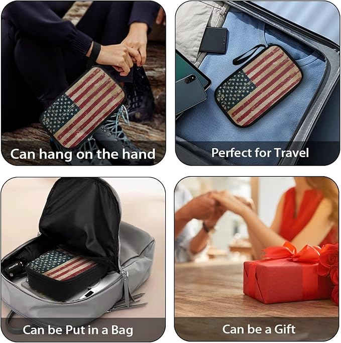 Vintage USA Flag Print Large Electronics Organizer - Travel Case, Cord Organizer, Accessories for Women