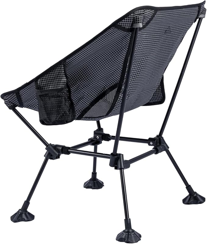 iClimb Ultralight Compact Camping Folding Beach Chair with Anti-Sinking Large Feet and Back Support Webbing (Black Grid- Square Frame)