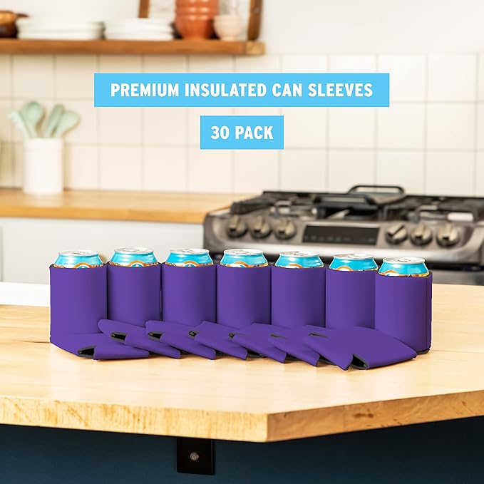 Blank Beer Can Coolers Sleeves (30-Pack) Soft Insulated Beer Can Coolies - HTV Friendly Plain Koolies in Bulk for Beer Cans & Bottles - Coolie Blanks for Vinyl Projects & Wedding Favors (Purple)