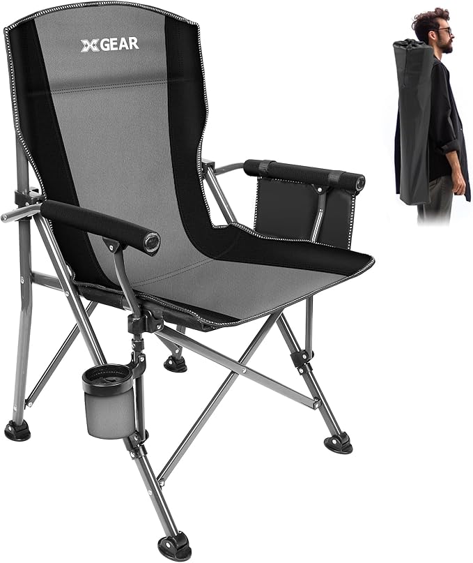 XGEAR Camping Chair with Padded Hard Armrest, Sturdy Folding Camp Chair with Cup Holder, Storage Pockets Carry Bag Included, Support to 400 lbs