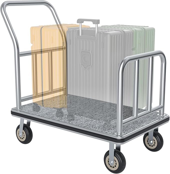 Heavy Duty Luggage Cart - 8" Wheels with Brackets Commercial Grade Hotel Luggage Trolley Deluxe Rectangular Steel Bellman Cart with Platform