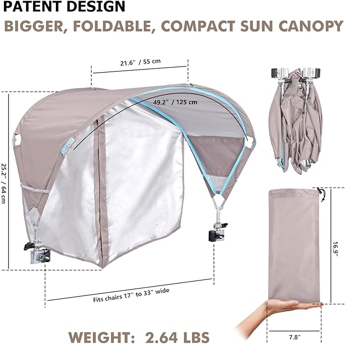 Universal Chair Umbrella Canopy, UPF 50+ Sun Shade with Adjustable Clamp, Fits Most Brands’ Beach, Camping, Lawn, Tanning, Zero Gravity, Lounge & Fishing Chairs, Patent Design
