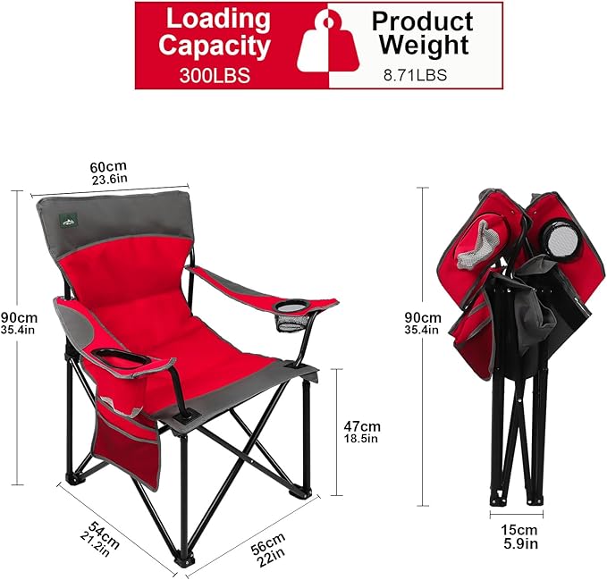 Northroad Foldable Camping Chair Heavy-Duty Outdoor Folding Chair Support Up to 300lbs for Hiking, Picnics, Patio, Beach, Fishing (Red)