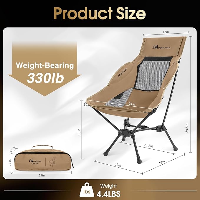 MOON LENCE High Back Folding Camping Chair, 330lbs Portable Compact Chair with Wide Seat & Ergonomic Back Support (Khaki)