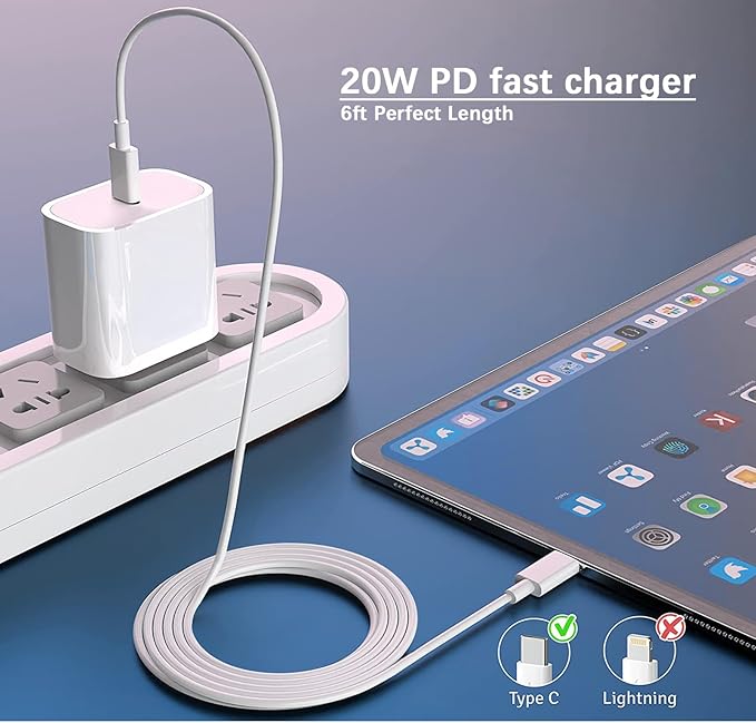 iPad Chrager Fast Charging for iPad Pro Air Mini A17 A16 10th iPhone 16 16e 15, Type C Chrager 20W Fast Charging Block Plug & 6ft USB C to C Cable, 1Pack White