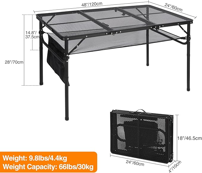 REDCAMP 48x24 Long Folding Grill Table for Outside, Lightweight Portable Double Layer Metal Aluminum Outdoor Grill Table with Adjustable Height Legs, Great for Camping Picnic Cooking BBQ, Black 4ft