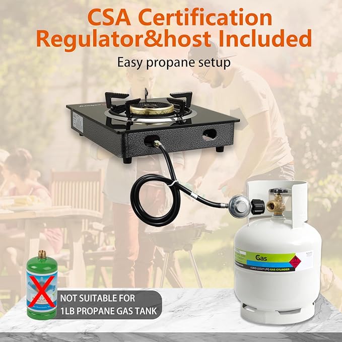 Propane Stove 1 Burner Gas Stove, 14500 BTU High-Efficiency Auto Ignition Tempered Glass LPG Cooktop with CSA Regulator and Hose – for Outdoor Camping, RV, and Emergency Cooking