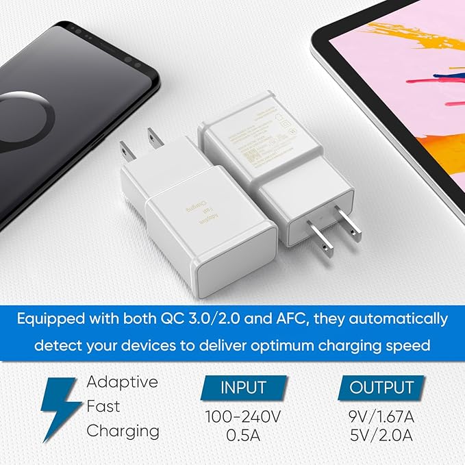 Adaptive Fast Charging Block USB Wall Charger Adapter Fits Samsung Galaxy S25/S24/S23/S22/S22 Ultra/S21/S20/S10/S9/S8/S7/Edge/Note 10 Quick Charge (White, 2 Pack)